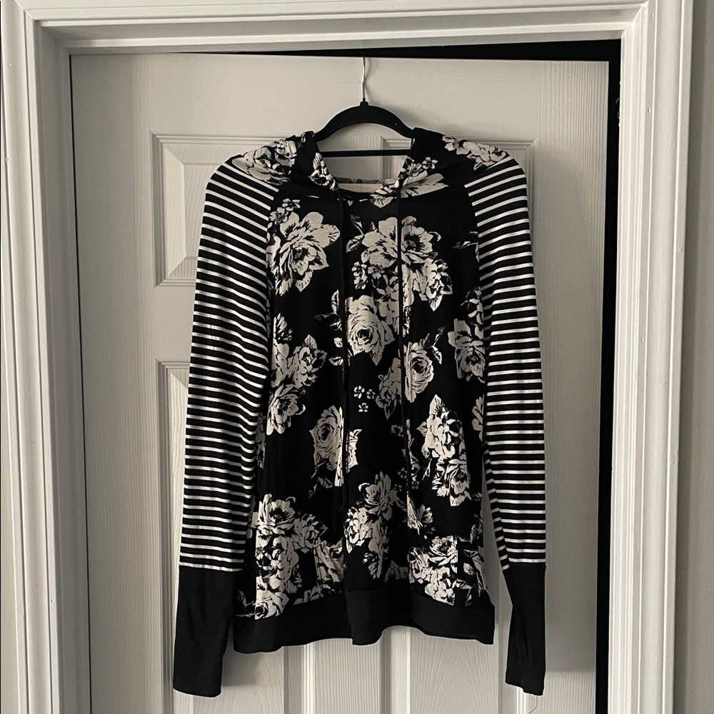 Women's Black Floral & Stripe Hooded Sweatshirt